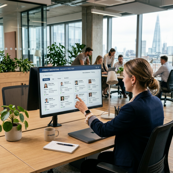 Woman at desk using business directory software on computer